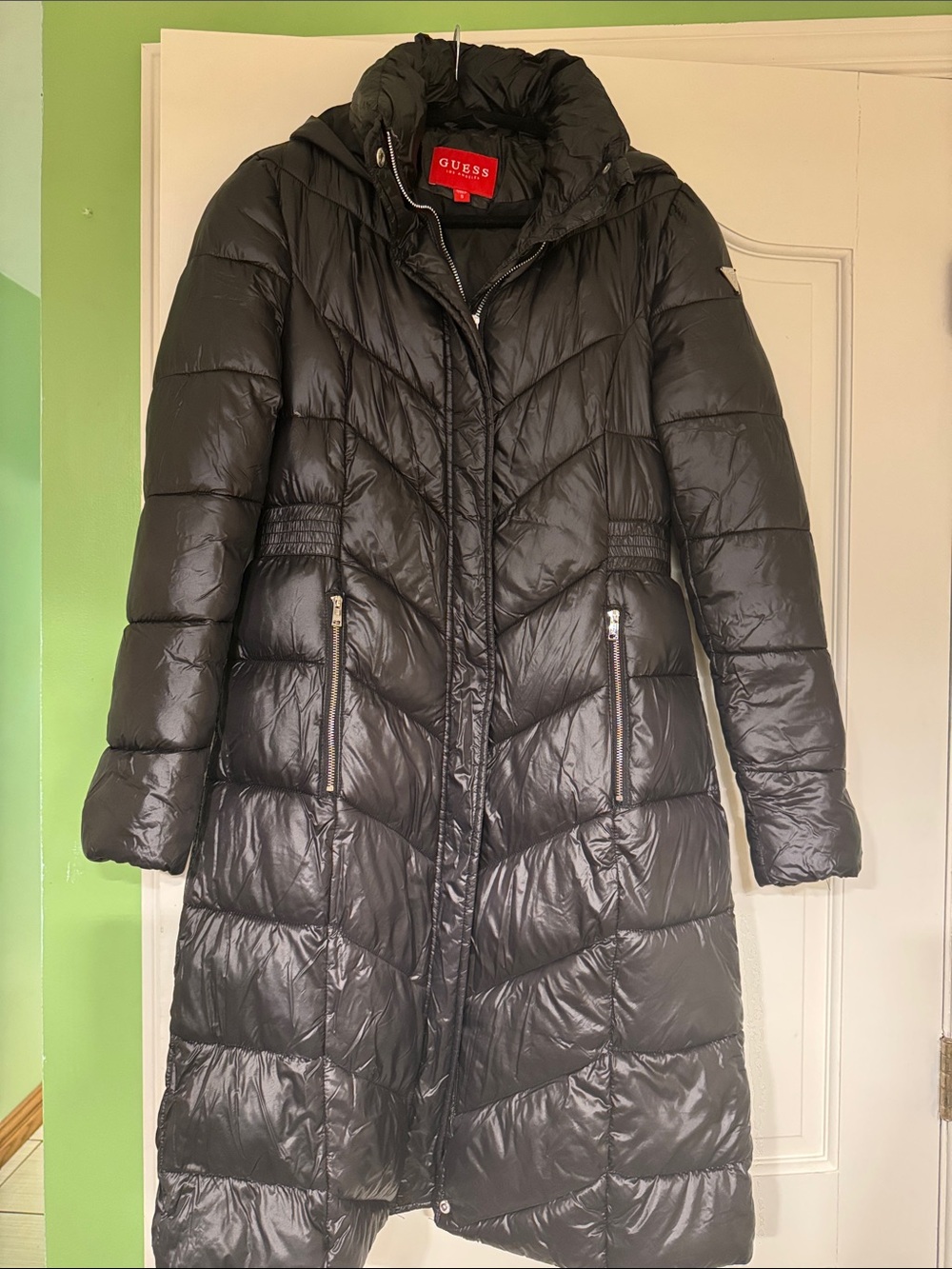 GUESS Black Long Quilted Puffer Coat with Hood